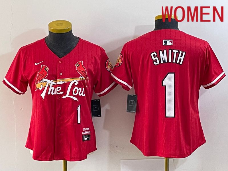 Women St.Louis Cardinals 1 Smith Red City Edition 2024 Nike MLB Jersey style 1